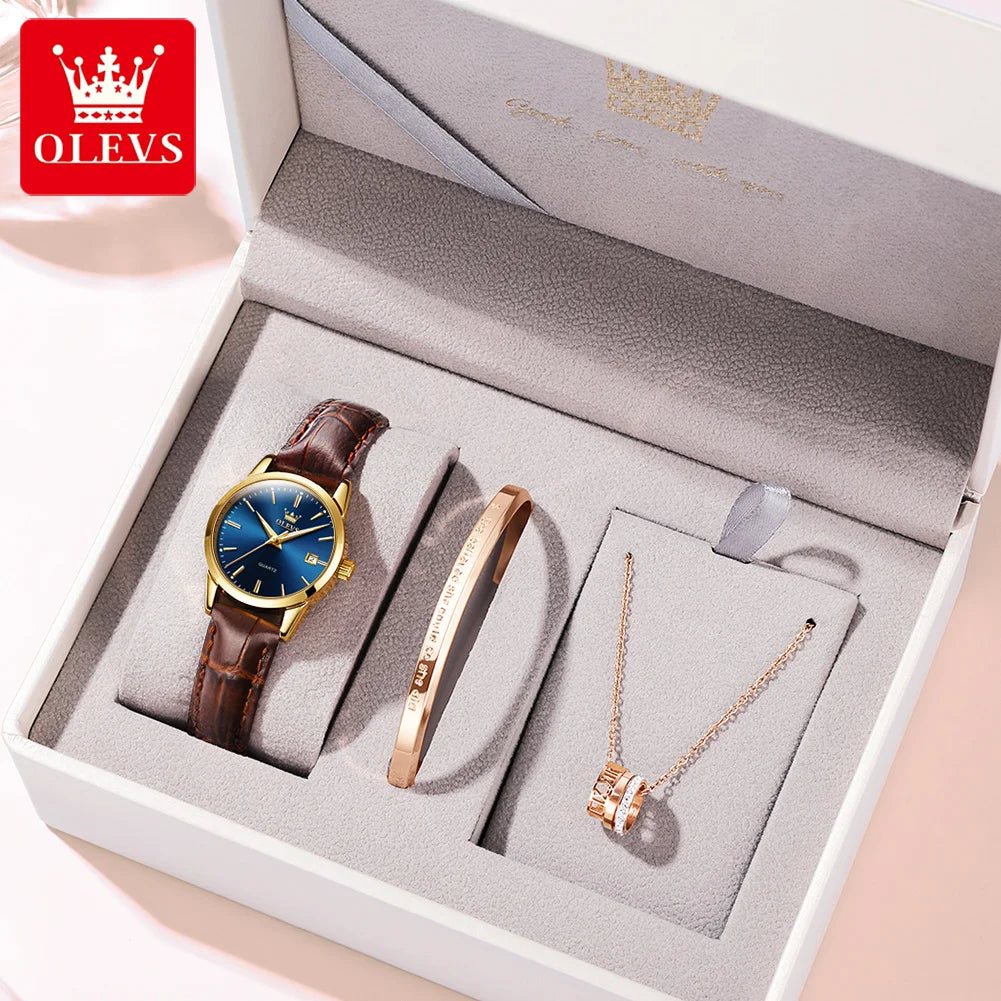 OLEVS Watch 6898 Women Watches Original Elegant Quartz Watch Waterproof Luminous Leather Strap Date Ladies Set Bracelet Watch