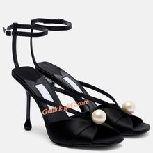 Load image into Gallery viewer, Black Satin Pearls Decor Sandals Stiletto Thin High Heel Ankle Buckle Strap Open Toe Runway 2025 Summer Women Dress Shoes