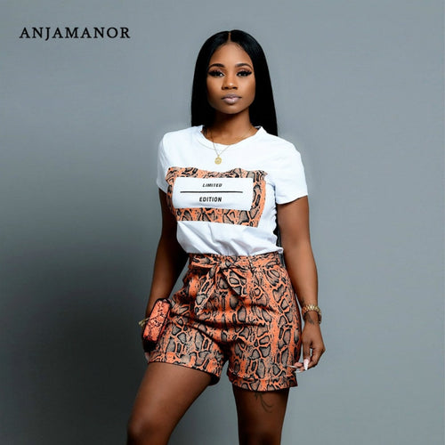 ANJAMANOR Snake Skin Print Casual Sexy Two Piece Set Top and Pants Plus Size Shorts Matching Sets Cute Women Outfits D43-AC85