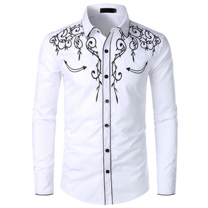 Stylish Western Cowboy Shirt Men Brand Design Embroidery Slim Fit Casual Long Sleeve Shirts Mens Wedding Party Shirt for Male