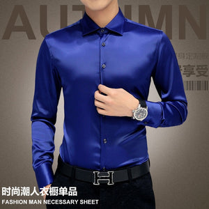 Plus Size 5XL 2019 New Men's Luxury Shirts Wedding Party Dress Long Sleeve Shirt Silk Tuxedo Shirt Men Mercerized Cotton Shirt