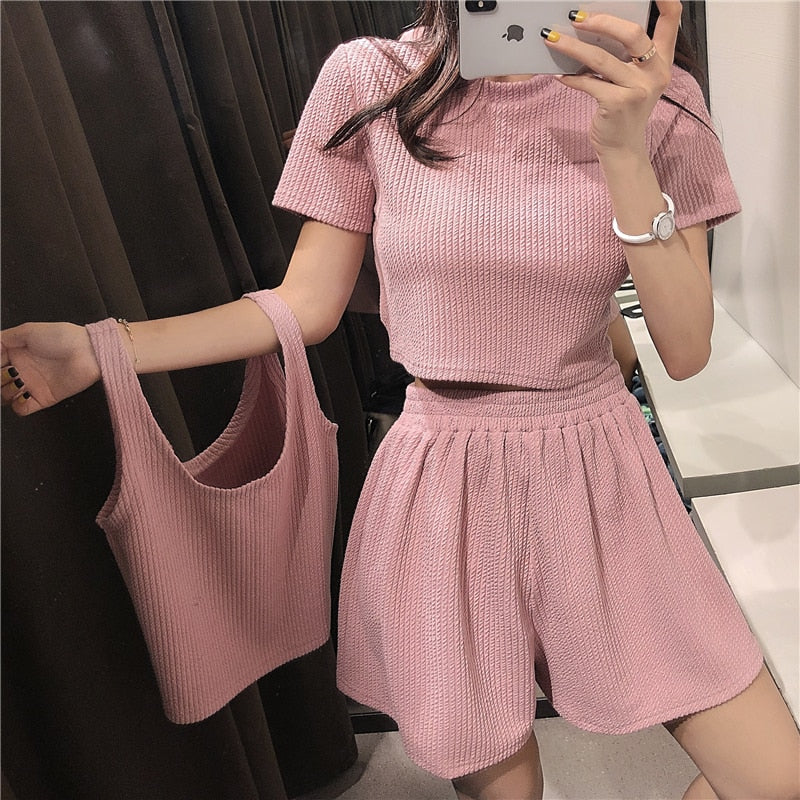 Two Piece Set Pink Outfit Two Tops and Pants Loose Biker Shorts + Sports T-shirt 3 Piece Set Tracksuit Summer Clothes for Women