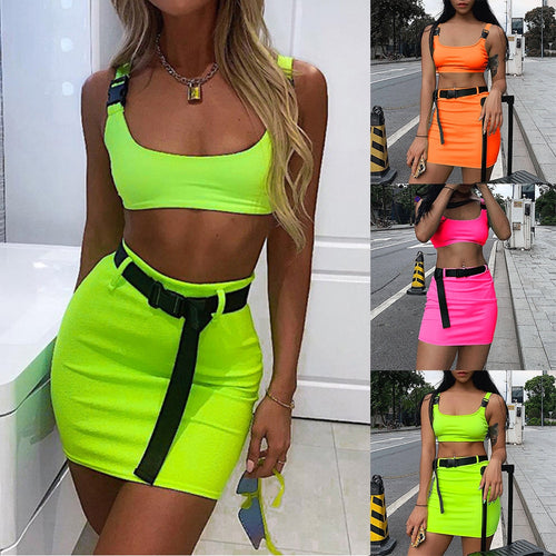 Women Summer Two Pieces Set Crop Tops And Short Skirts Sets Fashion Neon Green Solid Casual Sexy Outfit With Belt 2PCS Suits Set