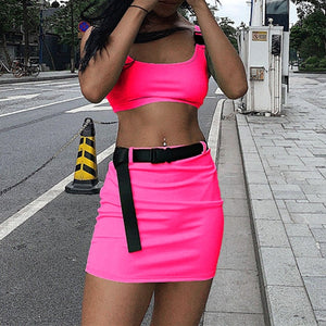 Women Summer Two Pieces Set Crop Tops And Short Skirts Sets Fashion Neon Green Solid Casual Sexy Outfit With Belt 2PCS Suits Set
