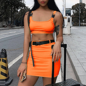 Women Summer Two Pieces Set Crop Tops And Short Skirts Sets Fashion Neon Green Solid Casual Sexy Outfit With Belt 2PCS Suits Set