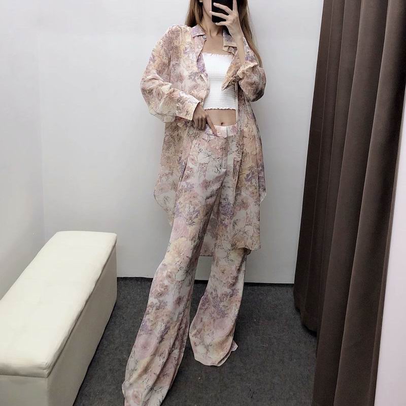 Load image into Gallery viewer, Women Sets Summer 2019 New Fashion Sunscreen Transparent Floral Prints Chiffon Long Shirts and Flare Pants