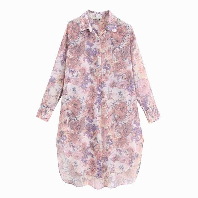 Women Sets Summer 2019 New Fashion Sunscreen Transparent Floral Prints Chiffon Long Shirts and Flare Pants
