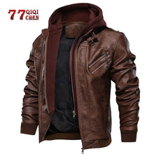 Load image into Gallery viewer, Men&#39;s Leather Jacket Casual Motorcycle Removable Hood Pu Leather Jacket 2019 New Male Oblique Zipper European size jaqueta couro