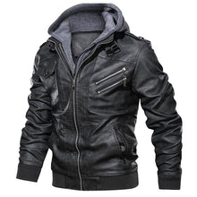 Load image into Gallery viewer, Men&#39;s Leather Jacket Casual Motorcycle Removable Hood Pu Leather Jacket 2019 New Male Oblique Zipper European size jaqueta couro