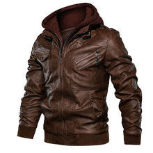 Load image into Gallery viewer, Men&#39;s Leather Jacket Casual Motorcycle Removable Hood Pu Leather Jacket 2019 New Male Oblique Zipper European size jaqueta couro