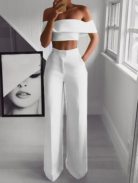 Hot Summer Woman Two-pieces Set Solid Color Ladies Fashion Suits Work Short Top + Loose Pants Sets for Woman Casual