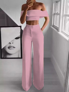 Hot Summer Woman Two-pieces Set Solid Color Ladies Fashion Suits Work Short Top + Loose Pants Sets for Woman Casual