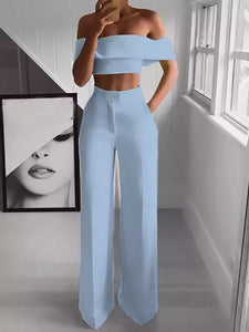 Hot Summer Woman Two-pieces Set Solid Color Ladies Fashion Suits Work Short Top + Loose Pants Sets for Woman Casual