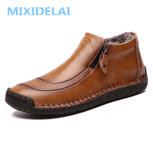 MIXIDELAI New Fashion Men Boots High Quality Split Leather Ankle Snow Boots Shoes Warm Fur Plush Winter Shoes Plus Size 38-48