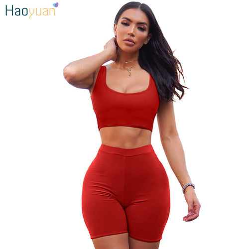 HAOYUAN 2 Piece Set Women Crop Tops and Biker Shorts Sweat Suits Sexy Club Outfits Sports Two Piece Tracksuit Matching Sets