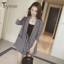 Load image into Gallery viewer, Trytree  summer autumn Women two piece set Casual tops + shorts plus size plaid Top Female Office Suit Set Women&#39;s 2 Piece Set