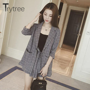 Trytree  summer autumn Women two piece set Casual tops + shorts plus size plaid Top Female Office Suit Set Women's 2 Piece Set