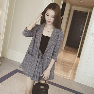 Trytree  summer autumn Women two piece set Casual tops + shorts plus size plaid Top Female Office Suit Set Women's 2 Piece Set