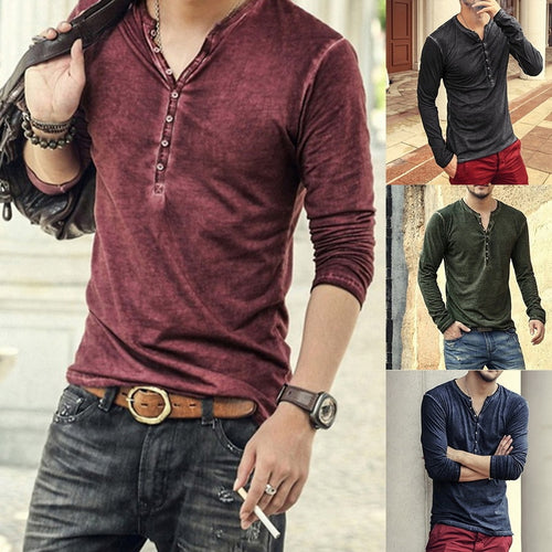 2020 Men Tee Shirt V-neck Long Sleeve Tee&Tops Stylish Slim Buttons T-shirt Autumn Casual Solid Male Clothing Plus Size 3XL