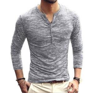 2020 Men Tee Shirt V-neck Long Sleeve Tee&Tops Stylish Slim Buttons T-shirt Autumn Casual Solid Male Clothing Plus Size 3XL