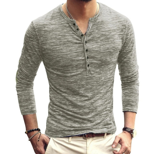 2020 Men Tee Shirt V-neck Long Sleeve Tee&Tops Stylish Slim Buttons T-shirt Autumn Casual Solid Male Clothing Plus Size 3XL