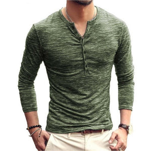 2020 Men Tee Shirt V-neck Long Sleeve Tee&Tops Stylish Slim Buttons T-shirt Autumn Casual Solid Male Clothing Plus Size 3XL