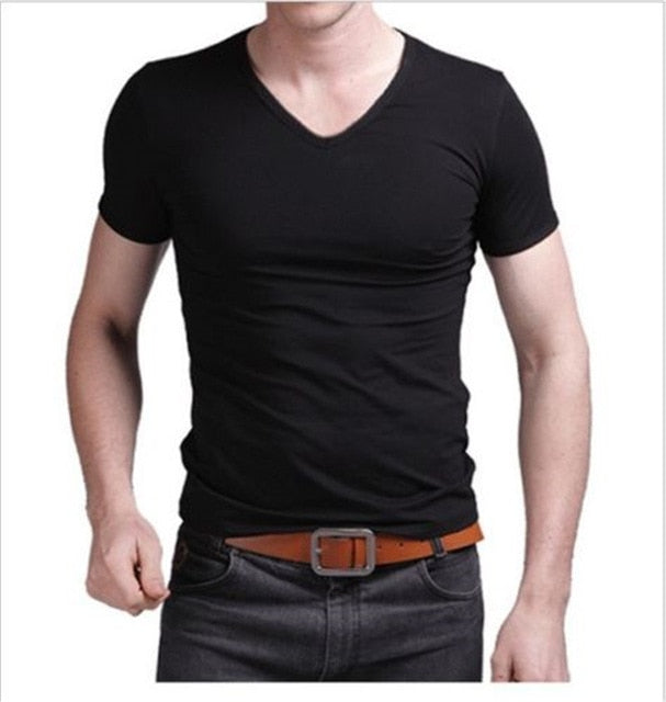 Fashion Summer Men Cotton T shirt casual short sleeve V-neck T-shirts Black White Plus Size M-XL V Neck Tops Tee Shirt Slim Fit