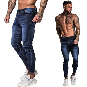 GINGTTO Jeans Men Elastic Waist Skinny Jeans Men 2020 Stretch Ripped Pants Streetwear Mens Denim Jeans Blue