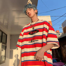 Load image into Gallery viewer, Striped Contrast Short Sleeve T-Shirt Men's Trendy Summer Street Hip Hop Loose Retro Couple Tops Personality Cotton Half Sleeve