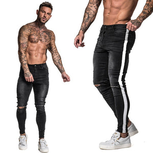 GINGTTO Jeans Men Elastic Waist Skinny Jeans Men 2020 Stretch Ripped Pants Streetwear Mens Denim Jeans Blue