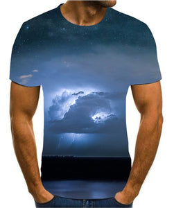 Men's 3D printing T-shirt lightning landscape printing t-shirt men's T-shirt Summer Black T-Shirt round neck beach T-shirt