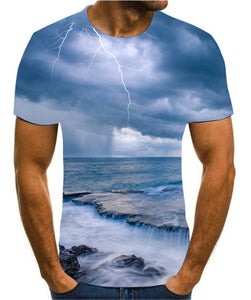 Men's 3D printing T-shirt lightning landscape printing t-shirt men's T-shirt Summer Black T-Shirt round neck beach T-shirt