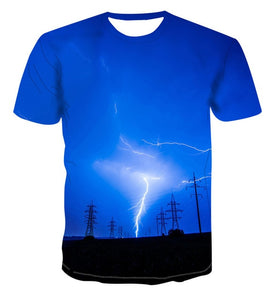 Men's 3D printing T-shirt lightning landscape printing t-shirt men's T-shirt Summer Black T-Shirt round neck beach T-shirt