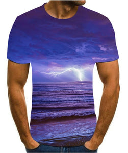 Men's 3D printing T-shirt lightning landscape printing t-shirt men's T-shirt Summer Black T-Shirt round neck beach T-shirt