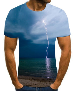 Men's 3D printing T-shirt lightning landscape printing t-shirt men's T-shirt Summer Black T-Shirt round neck beach T-shirt