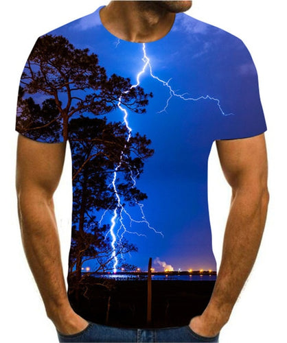 Men's 3D printing T-shirt lightning landscape printing t-shirt men's T-shirt Summer Black T-Shirt round neck beach T-shirt