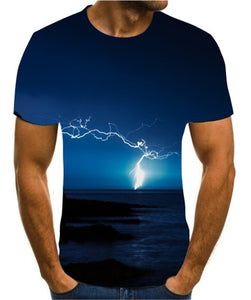 Men's 3D printing T-shirt lightning landscape printing t-shirt men's T-shirt Summer Black T-Shirt round neck beach T-shirt