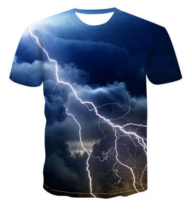 Men's 3D printing T-shirt lightning landscape printing t-shirt men's T-shirt Summer Black T-Shirt round neck beach T-shirt