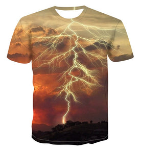 Men's 3D printing T-shirt lightning landscape printing t-shirt men's T-shirt Summer Black T-Shirt round neck beach T-shirt