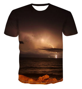 Men's 3D printing T-shirt lightning landscape printing t-shirt men's T-shirt Summer Black T-Shirt round neck beach T-shirt