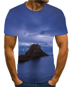 Men's 3D printing T-shirt lightning landscape printing t-shirt men's T-shirt Summer Black T-Shirt round neck beach T-shirt