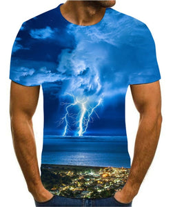 Men's 3D printing T-shirt lightning landscape printing t-shirt men's T-shirt Summer Black T-Shirt round neck beach T-shirt