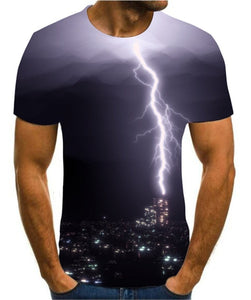 Men's 3D printing T-shirt lightning landscape printing t-shirt men's T-shirt Summer Black T-Shirt round neck beach T-shirt