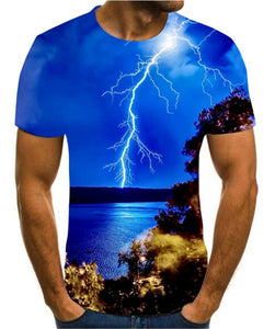 Men's 3D printing T-shirt lightning landscape printing t-shirt men's T-shirt Summer Black T-Shirt round neck beach T-shirt