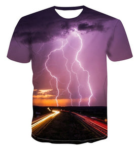 Men's 3D printing T-shirt lightning landscape printing t-shirt men's T-shirt Summer Black T-Shirt round neck beach T-shirt