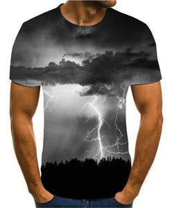 Men's 3D printing T-shirt lightning landscape printing t-shirt men's T-shirt Summer Black T-Shirt round neck beach T-shirt