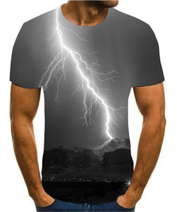 Men's 3D printing T-shirt lightning landscape printing t-shirt men's T-shirt Summer Black T-Shirt round neck beach T-shirt