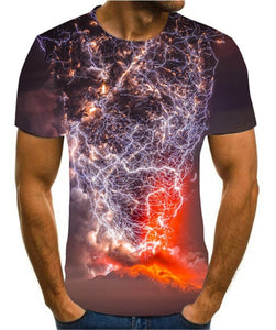 Men's 3D printing T-shirt lightning landscape printing t-shirt men's T-shirt Summer Black T-Shirt round neck beach T-shirt