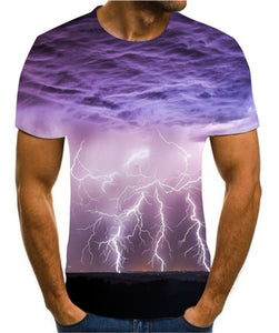 Men's 3D printing T-shirt lightning landscape printing t-shirt men's T-shirt Summer Black T-Shirt round neck beach T-shirt