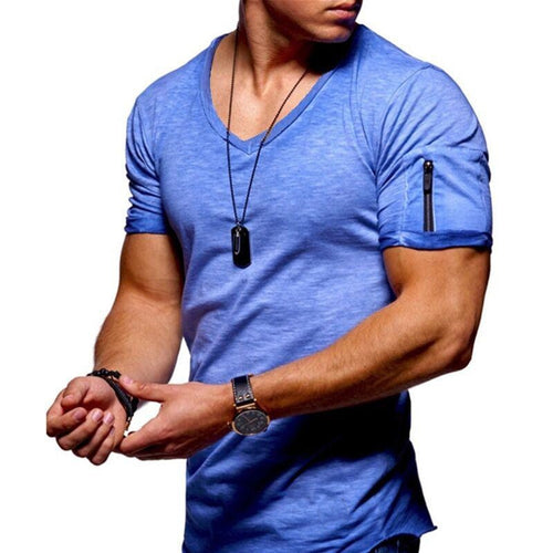 2021 New Men's V-neck T-shirt Fitness Bodybuilding T-shirt High Street Summer Short-Sleeved Zipper Casual Cotton Top